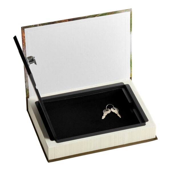 A steel security box with a key lock disguised as a real book, shown open with two keys inside.