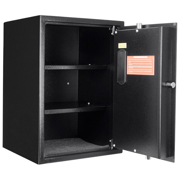 A black metal Barska security safe with a door open.