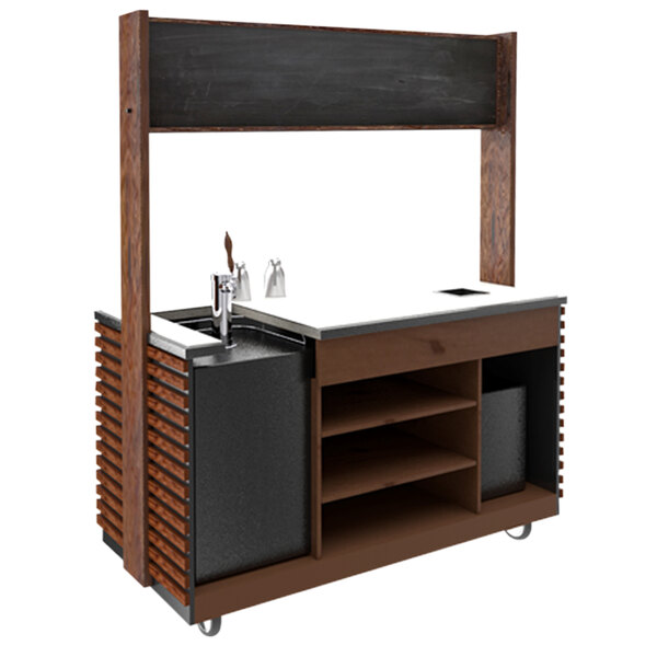 An Astra hardwood slat espresso machine cart with a blackboard sign.