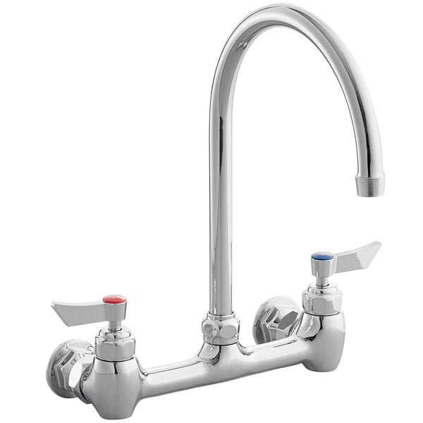 A silver Waterloo wall mount faucet with chrome gooseneck spout and red knobs.