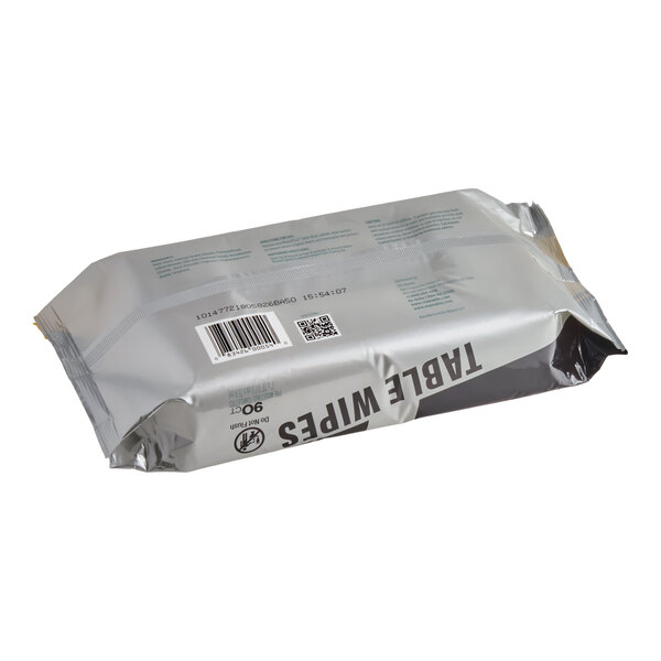 A silver soft pack labeled 'TABLE WIPES' containing 90 wipes is shown.