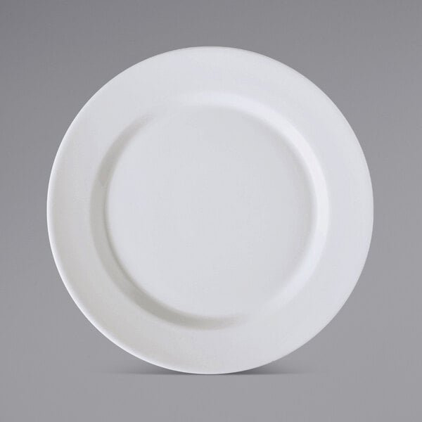 A close-up of a Corona by GET Enterprises bright white porcelain plate with a round edge.