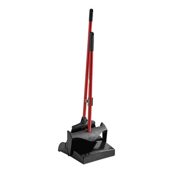 A red and black Libman Lobby Broom with a handle next to a red and black Open-Lid Dust Pan.