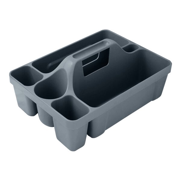 A gray plastic maid caddy with multiple compartments and a central handle.