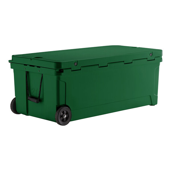 A green CaterGator outdoor cooler with wheels.