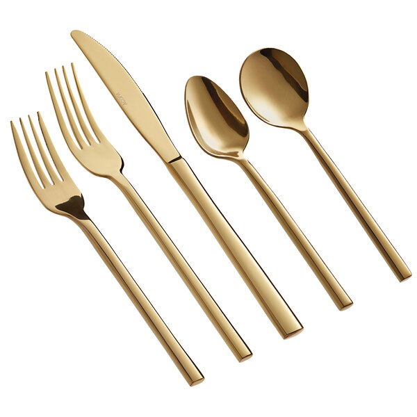 Acopa Phoenix gold stainless steel flatware set with a gold spoon, fork, and knife.