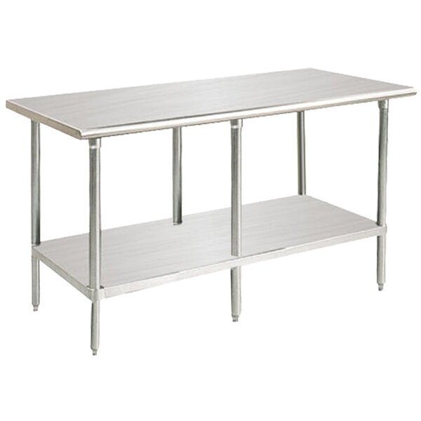 A stainless steel Advance Tabco work table with undershelf.