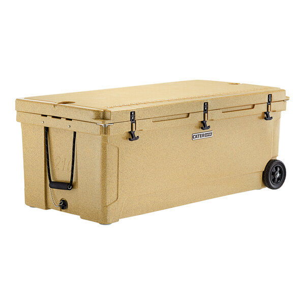 A beige CaterGator outdoor cooler with black wheels.