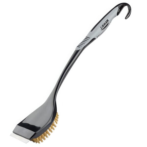 A black Libman long handle BBQ brush with a scraper.