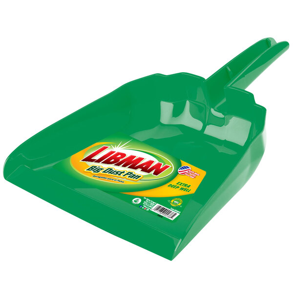 A green Libman dust pan with a sticker on the handle.