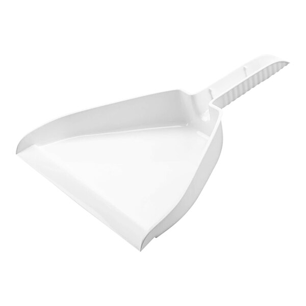 A white plastic Libman dust pan with a curved edge.