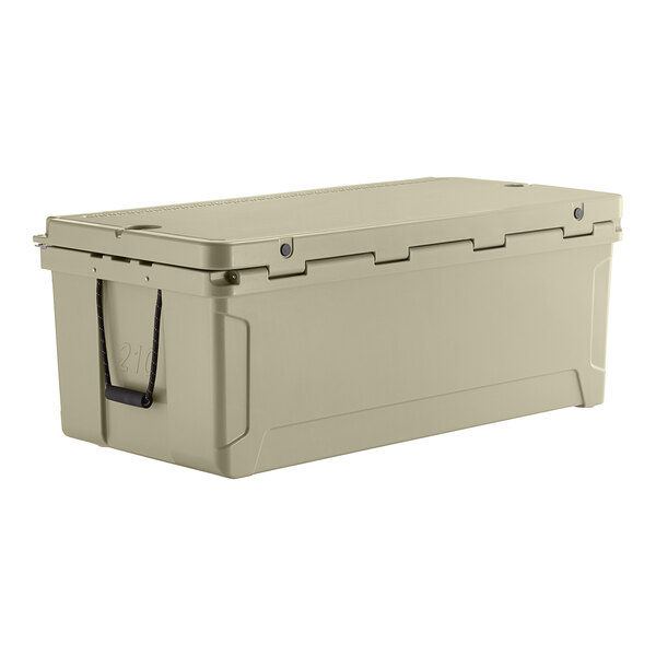 A tan CaterGator outdoor cooler with a lid.