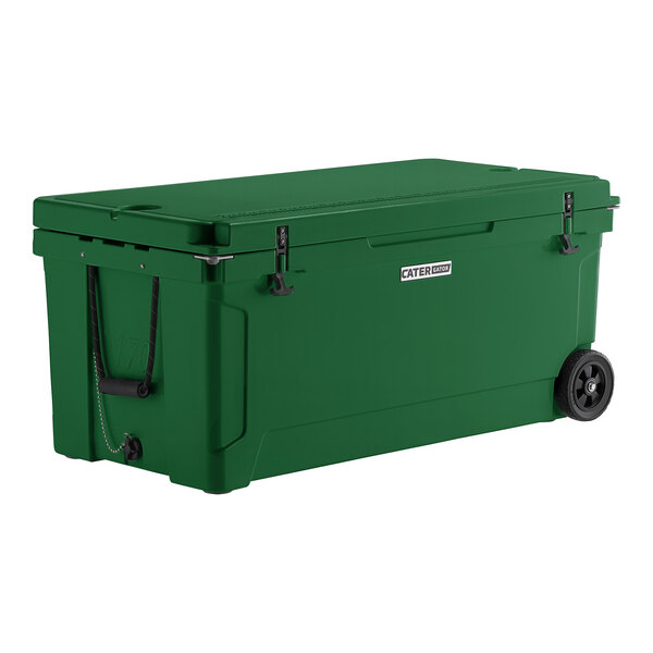 A hunter green CaterGator outdoor cooler with wheels and black handles.