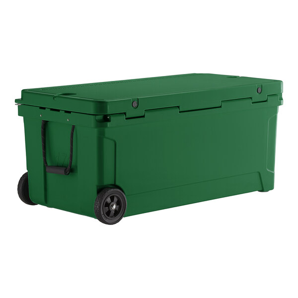 A CaterGator hunter green cooler with black wheels.