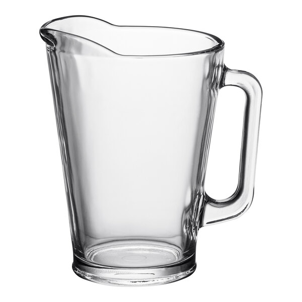 An Acopa clear glass pitcher with handle.