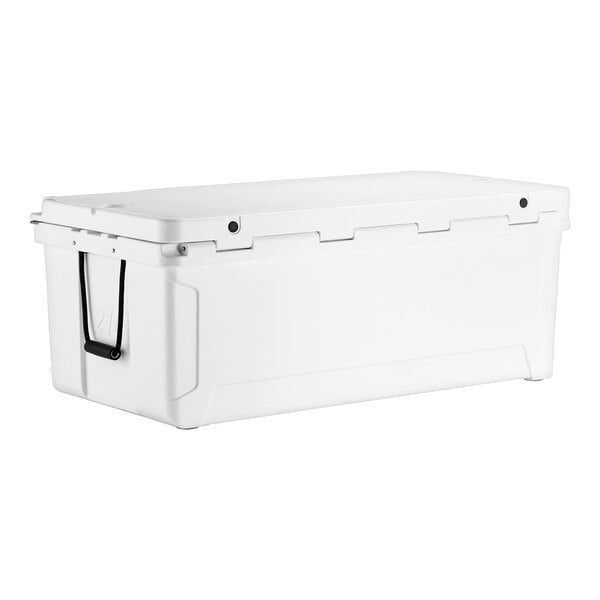 A white CaterGator outdoor cooler with a black lid.