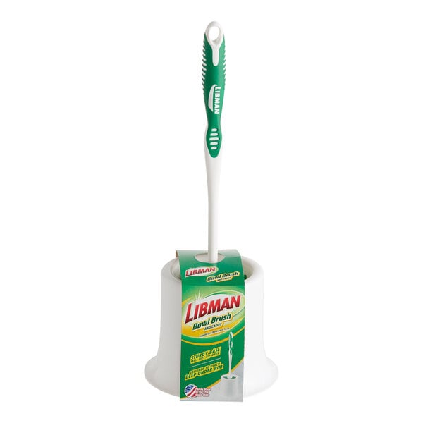 A Libman round toilet bowl brush in a white open container.