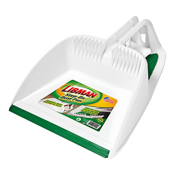 A white Libman dustpan with a green handle.