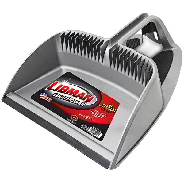 A close up of a Libman metal step-on dustpan with a handle.
