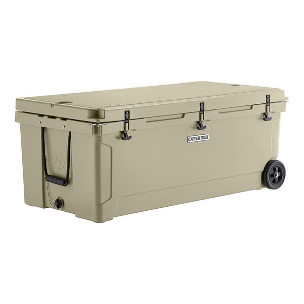 A white CaterGator outdoor cooler with wheels and a lid.