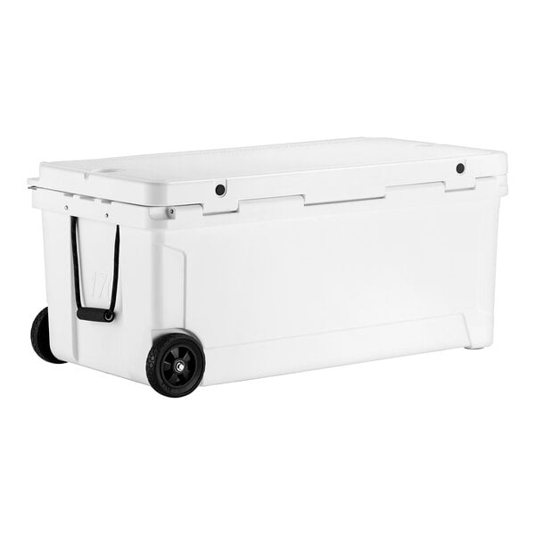 A white CaterGator outdoor cooler with black wheels.