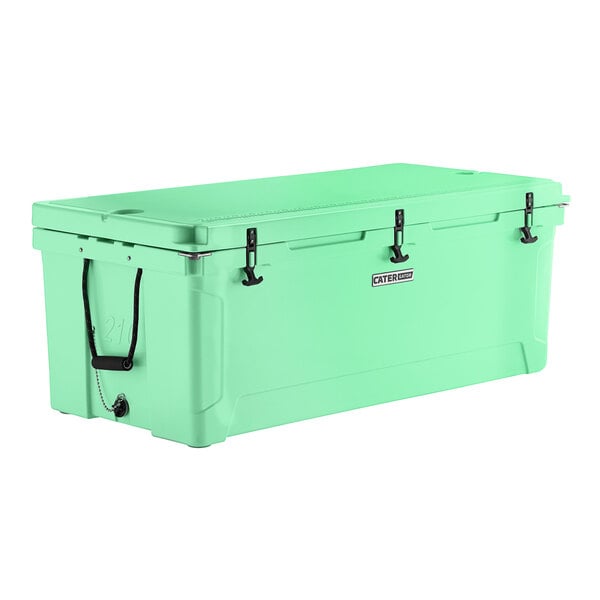 A seafoam green CaterGator outdoor cooler with black handles.
