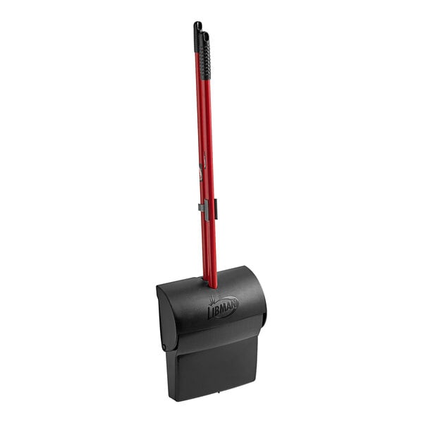 A black and red Libman Lobby Broom with handle.