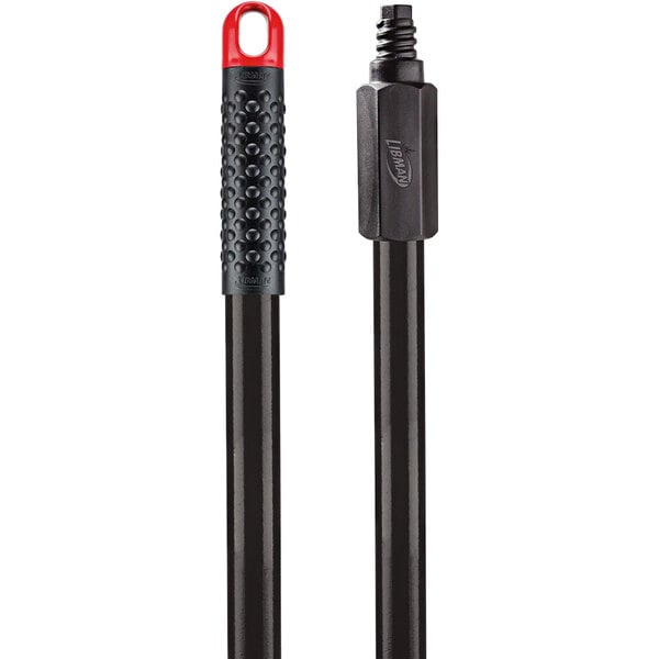 A pair of black steel Libman replacement broom handles with black caps.