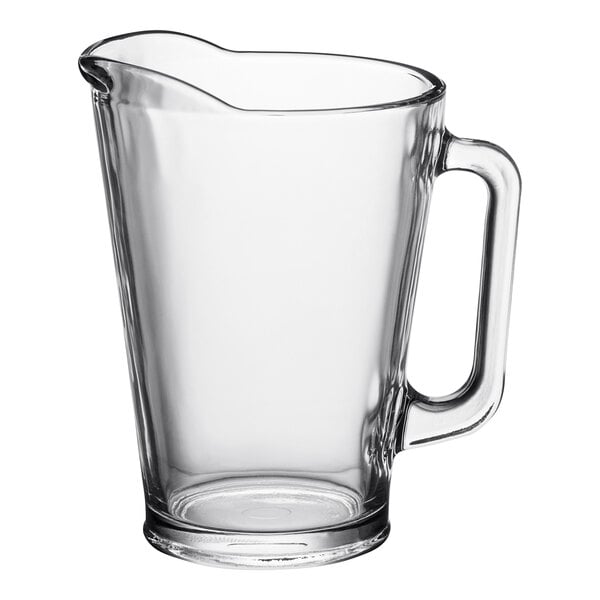 An Acopa clear glass beer pitcher with handle.
