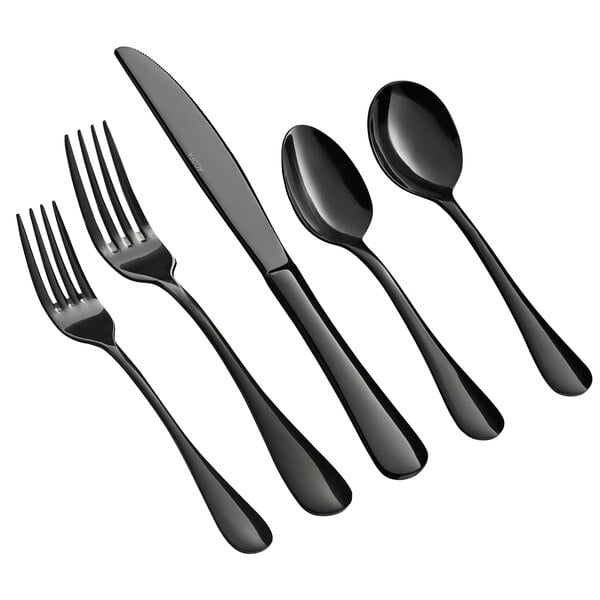 A silverware set with a black spoon, fork, and knife.