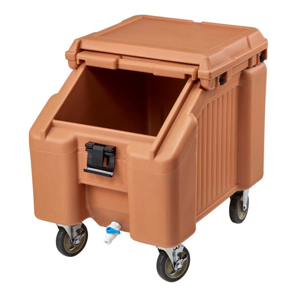 A large, beige, wheeled container with a sliding lid, open front compartment, latch, and a spout at the bottom.
