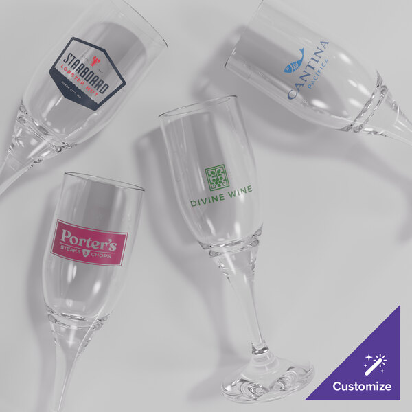 A set of four customizable 5.5 oz. plastic champagne flutes with different printed logos.