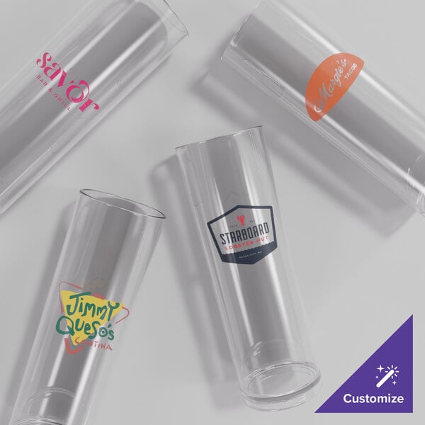 A set of clear, customizable 13 oz. plastic Tom Collins glasses featuring various printed logos.