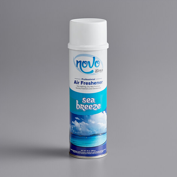 A close up of a Noble Chemical Novo Sea Breeze air freshener can with a white plastic cap.
