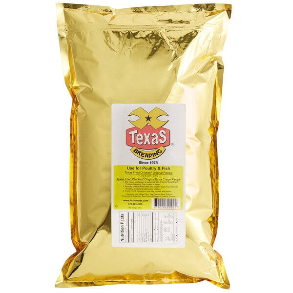 A white bag of 5 lb. Texas Fried Chicken Breading with a white label.