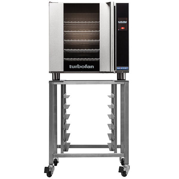 A Moffat Turbofan commercial convection oven on a cart with shelves.
