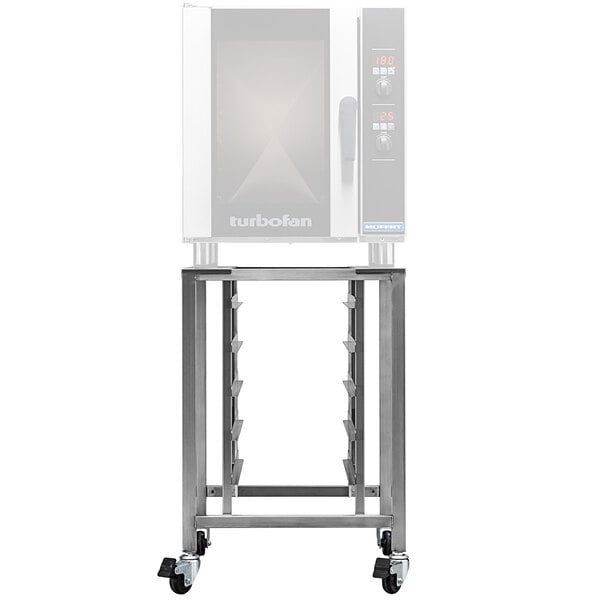A Moffat stainless steel stand with casters for a convection oven.