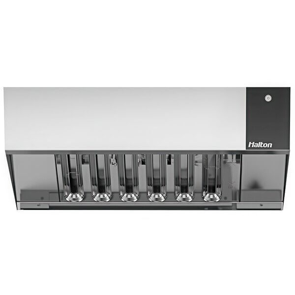 A silver and black Moffat VH-32 Halton Ventless Hood with black and silver knobs.