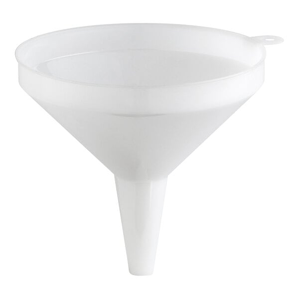 A white plastic funnel with a wide top and narrow spout, designed for transferring liquids or powders.