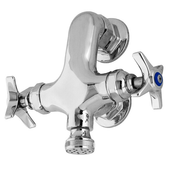 A T&S chrome plated wall mount faucet with two handles and a rosespray outlet.