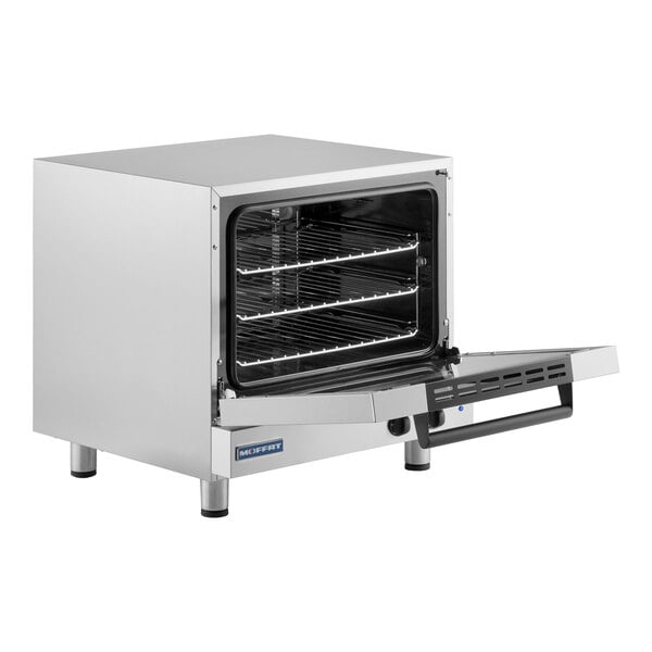 A stainless steel single deck half size electric convection oven with an open door and wire racks inside.