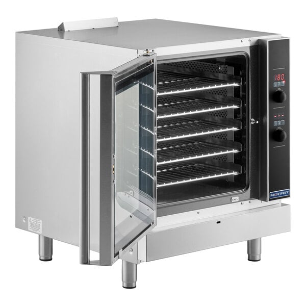 A stainless steel commercial convection oven with a glass door and multiple interior racks.