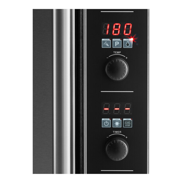 A digital control panel of a Moffat Turbofan convection oven with temperature and timer knobs, LED display, and function buttons.