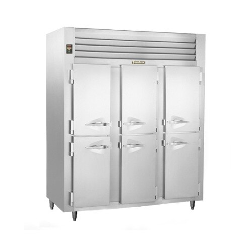 A stainless steel Traulsen reach-in freezer with half doors.