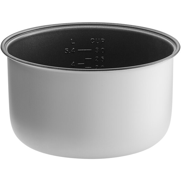 A white and black non-stick pot with a black lid.