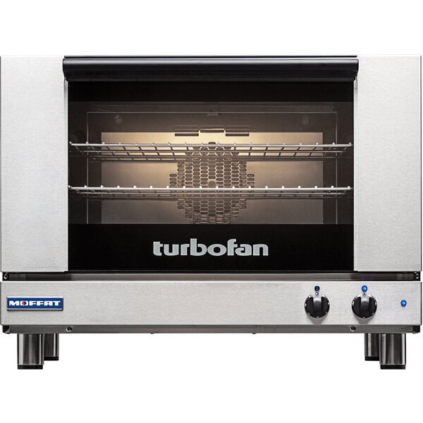 A silver Moffat Turbofan convection oven with black and silver mechanical controls.