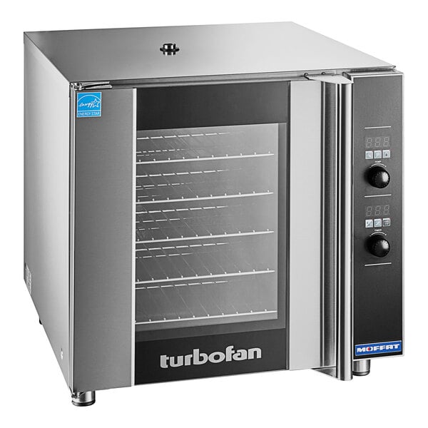 A Moffat Turbofan commercial convection oven with a stainless steel door.
