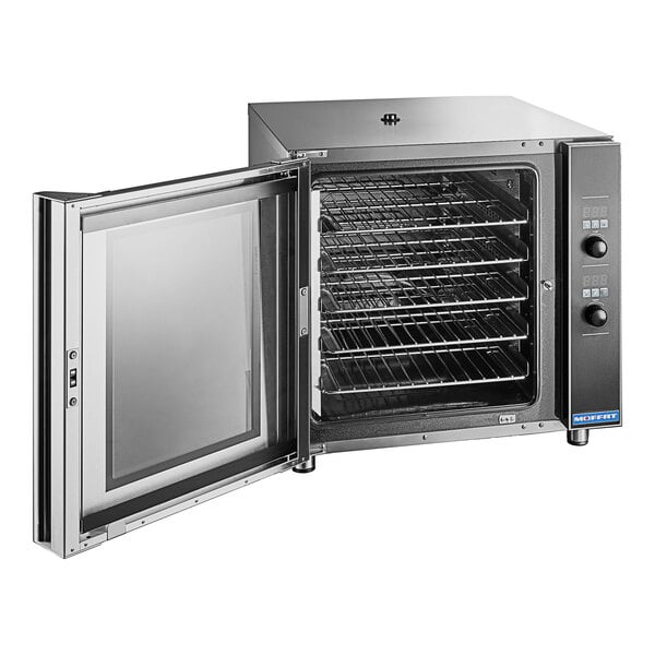 A Moffat Turbofan convection oven with a door open.