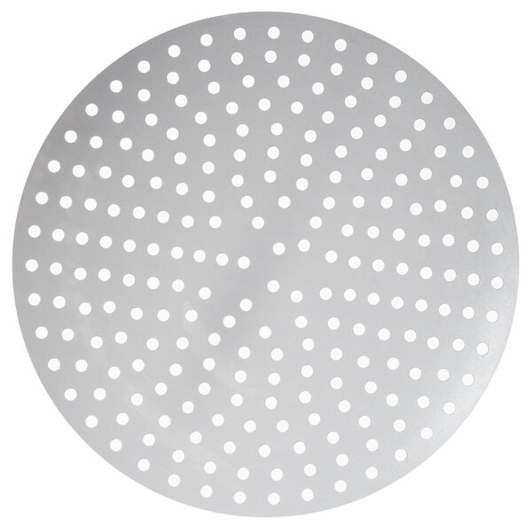 An American Metalcraft 13" perforated pizza disk, a circular metal surface with holes.