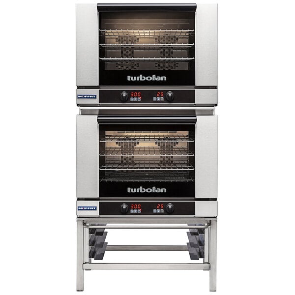 A large Moffat convection oven with a double stacking kit and two racks.